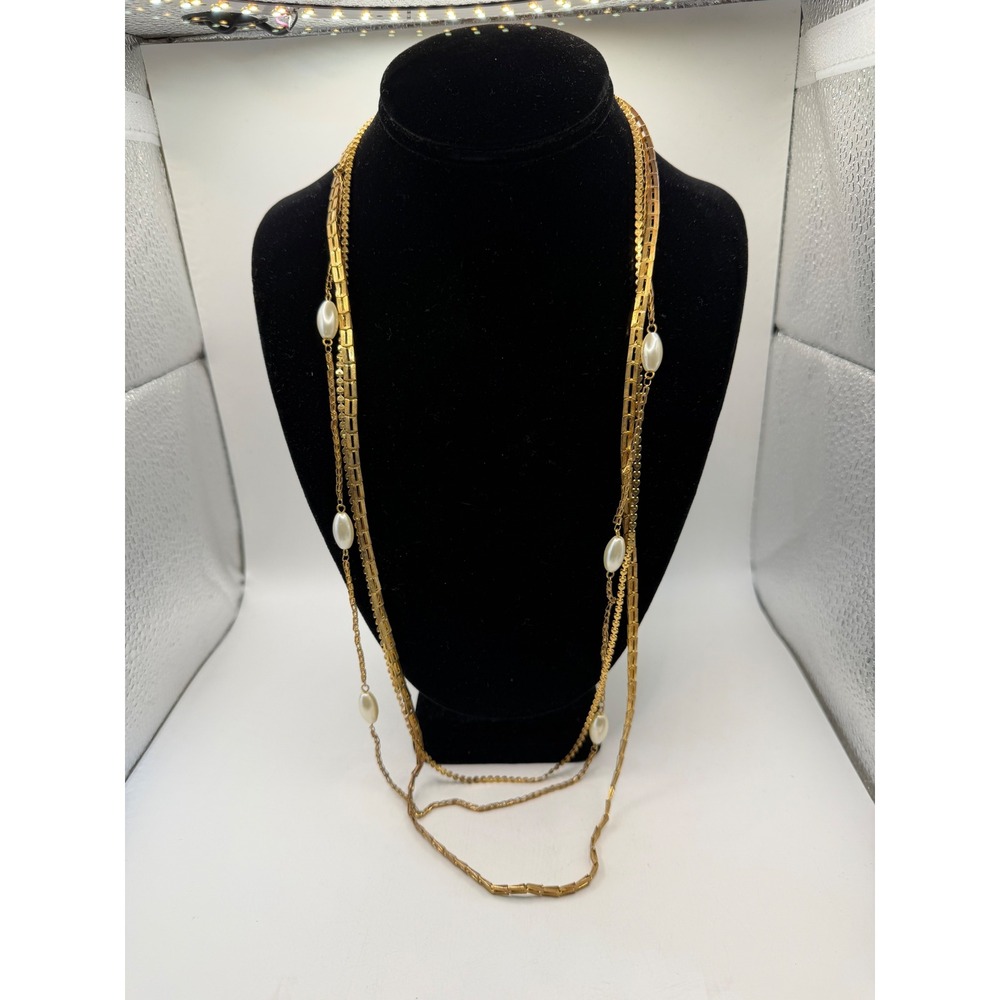 Vintage‎ Gold Tone Multi Strand Necklace Faux Pearl Layered Chain 30 Inch